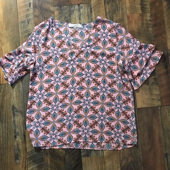 Loft size Medium Top short ruffle sleeve Blouse Pink floral casual career - Picture 5 of 7